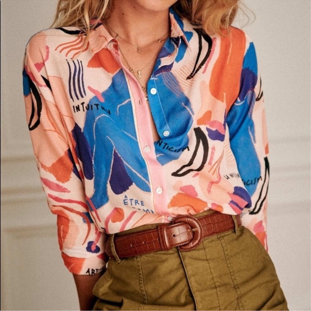 Sezane Pierro Shirt Blue Woman Print Femme Silk Size 36 US 4